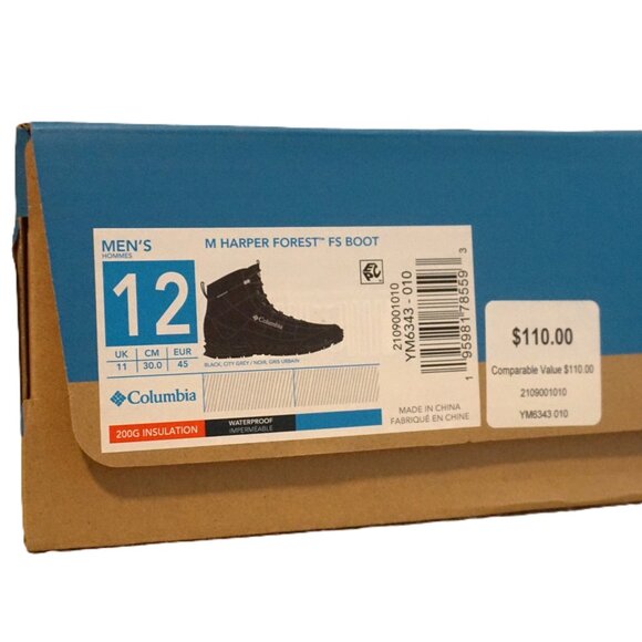 Columbia Black M Harper Forest FS Boot 200G Insulation Waterproof Men’s Size 12 main image 4